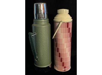 2 Tall Vintage Thermos Incl. Aladdin Stanley Green Steel Thermos