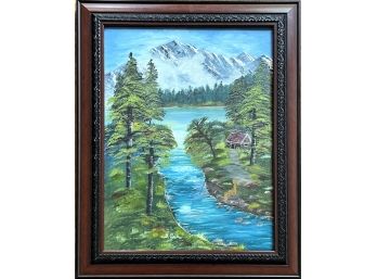 Framed Mountainous River Scene Acrylic On Canvas Painting