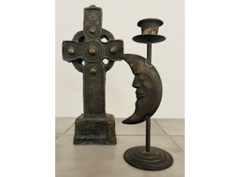 2 Pcs Of Home Decor Include Candle Stick With Moon And Cross