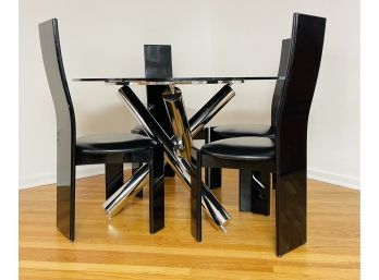 Modern Round Black Lacquer Glass & Chrome Dining Table & 4 Chairs