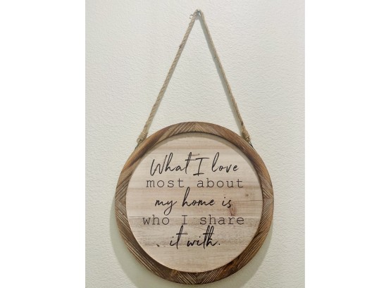 Round  Weathered Wood Frame Wall Art With Quote & Jute Hanging Cord
