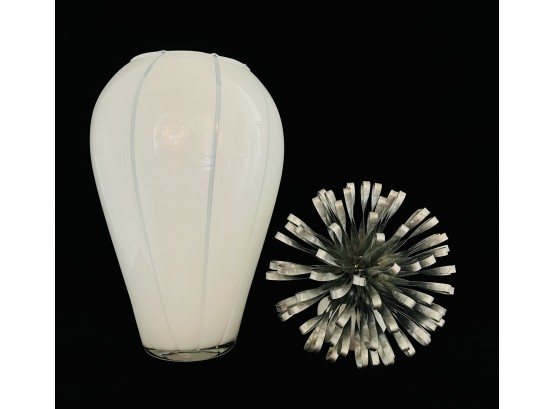 White Glass Vase 15' & Small Metal Flower