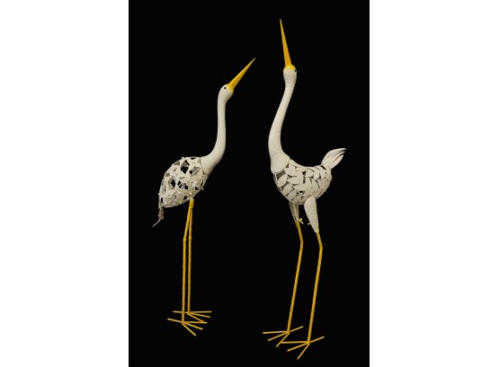 2 Decorative White Metal Cranes