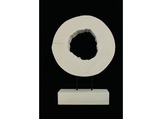 White Wood Circle Sculpture On Stand