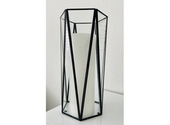 Geometric Glass & Metal Lantern With Battery Pillar Candle