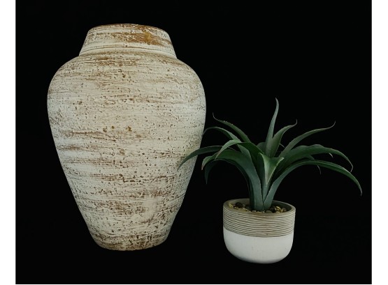 Clay Vase With White Wash Finish & Faux Succulent