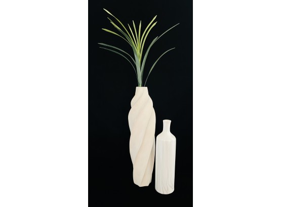 White Washed Spiral Wood Vase & Ceramic White Bottle