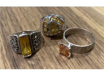 3 Silver 923 Ladies Rings With Yellow, Orange & Marchasite Stones