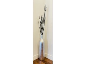 Silver Tone Floor Vase With Black Twigs