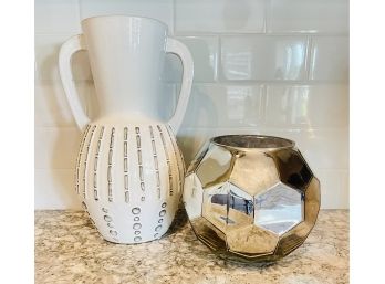 2 Ceramic Vases 1 With White Handles & 1 Silver Tone Geometric Vase