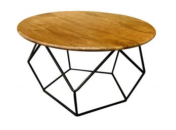 Small Round Modern Coffee Table With Wood Top & Geometric Metal Base