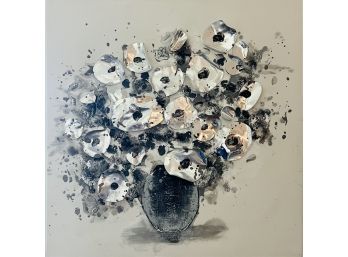 Painting On Canvas Black Vase WIth Metal Petal Flowers