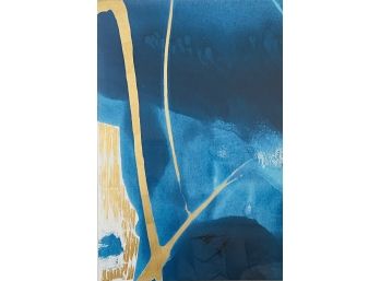Modern Under Painted Glass Wall Art Blues Gold White Abstract 1 Of 2