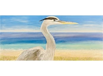 Stunning Ocean View With Heron Original Acrylic Painting On Board Signed By Artist Tom Kennelly