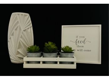 3 Pc Decor Lot With 14' White Ceramic Vase Wood Quote & Faux Succulents In Tray