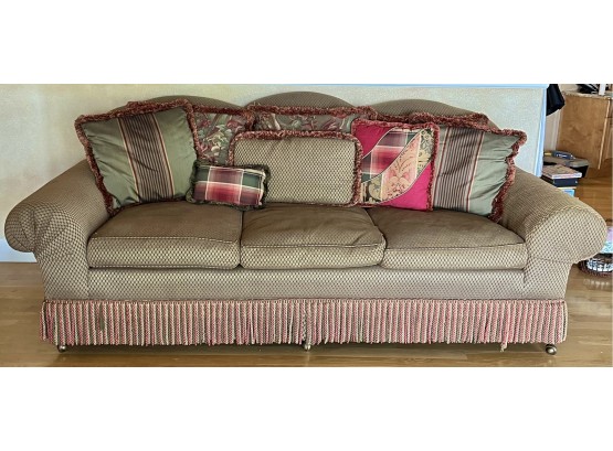 Olive Green Robb & Stucky Couch W/ Fringed Bottom On Castors