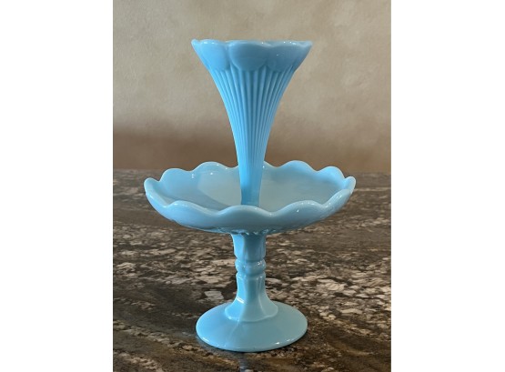 Vintage Portieux Vallerysthal Blue Milk Glass Epergne Vase & Footed Bowl
