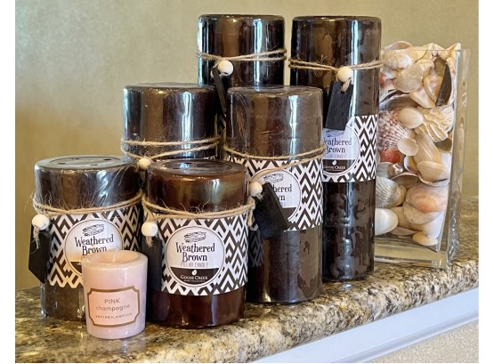 Home Decor Incl. Weathered Brown Pillar Candles, Small Pink Champagne Candle, & Sea Shell