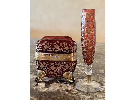 Antique 2 Red Glass Decorative Pieces W/ Gold-toned Accents