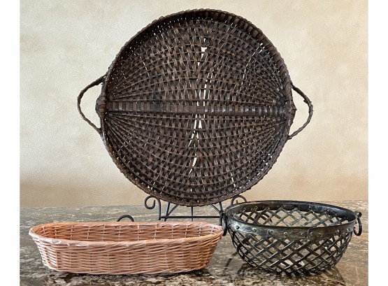 3 Baskets Incl. Mid-Century Vintage North Carolina Made Tray Basket