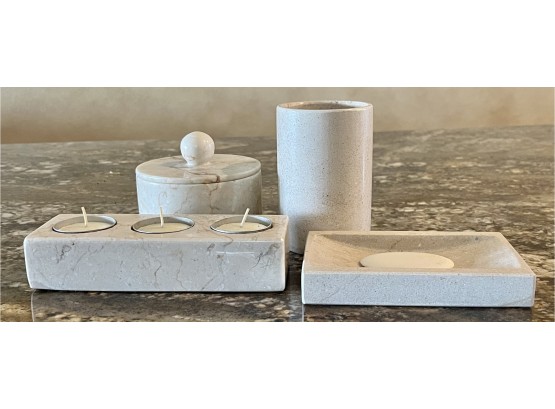 4pc Marble Bathroom Lot Incl. Small Candle Holder, Q-tip Holder, & More