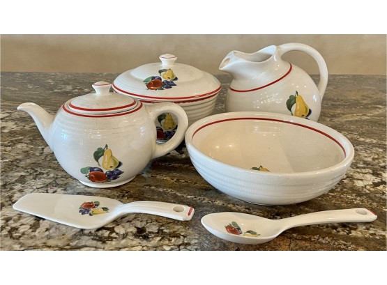 Vintage 1940s-1950s Red Trim & Fruit Pattern Cronin China Incl. White Ball Pitcher & More