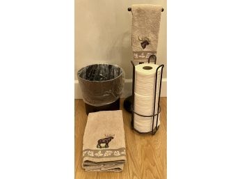 Moose Themed Bathroom Lot Incl. Toilet Paper & Hand Towel Holder, Trash Can, Bathroom Mat Towels.