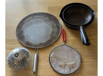 6pc Kitchen Cookware Incl. Cast Iron Pans, Splash Guard, Stainer & Vegetable Steamer