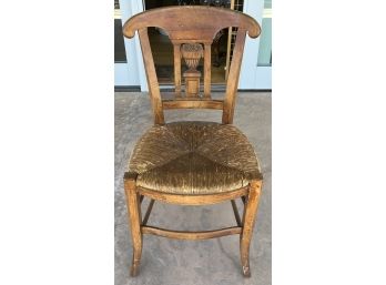 Wood Dining Chair W/ Hand Carved Floral Design & Straw Seat