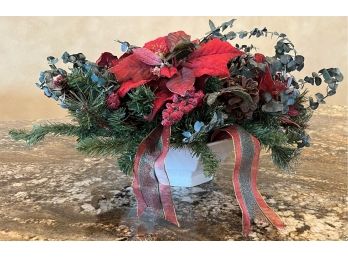 Holiday Christmas Faux Poinsettia Arrangement W/ White Nikko Classic Collection Vase