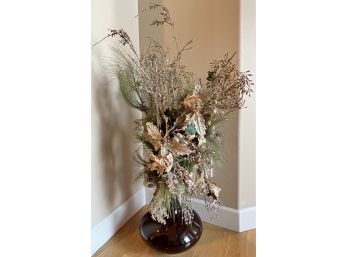 Brown Glass Vase W/ Holiday Faux Floral Arrangement