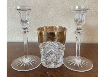 3pc Waterford Cut Glass Collection Incl. Cup W/ Gold-toned Rim & Candleholders 6'