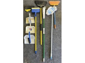 Lot Of Cleaning Supplies Incl. Brooms, Dust Pans, & More