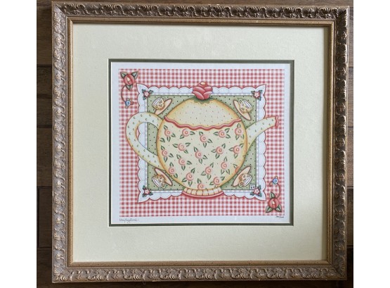 Mary Engelbreit Signed & Numbered Limited Edition Teapot Print With Pink Gingham Background –