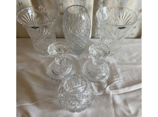 6 Crystal Pieces Including Vases, Bowls, And Candle Holders From Shannon Crystal And More