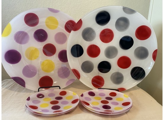 Two Large Unbranded Cake Serving Plates With Four Small Plates In Polka Dot Patterns