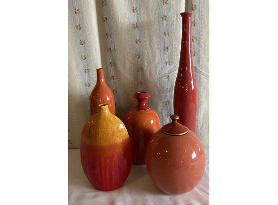 Set Of 5 Toyo Orange/red Home Decor Pieces Including Jug, Vases, And Jar