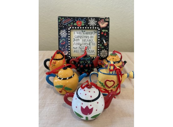 Mary Engelbreit 6 Christmas Teapot Ornaments And One Charles Dickens Framed Christmas Quote