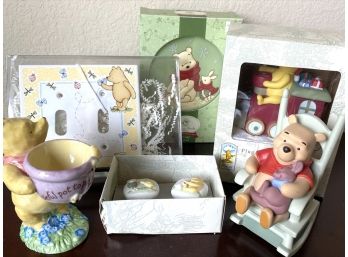 Collection Of Winnie The Pooh Home Décor Including Two Night Lights, Wall Plate & Drawer Pulls