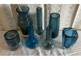 Collection Of 7 Assorted Waterford Smoky Blue Vases
