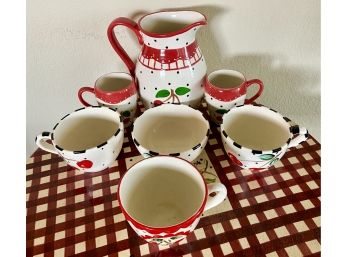 Collection Of 7 Cherry Blossom By Mary Engelbreit Including Pitcher, Mugs, And Bowl