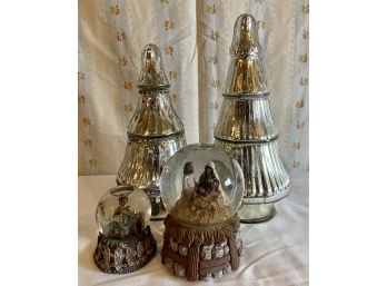 2 Westland Snow Globes With 2 Silver Glass Decorative Trees