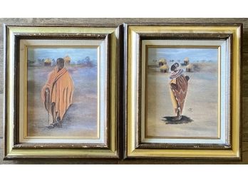 Pair Of Two Annie Lee Signed Paintings 1993 Of Masaii Woman And Man In African Village