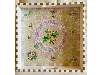 Hand Painted Wooden Tray With Mosaic Colored Glass Floral Lining