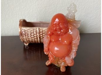 Orange Jade Buddha With McCoy Pottery Basket -Buddha 6”, Mccoy Basket 7” X 4”