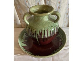 Large Green And Red Glazed Pottery Bowl With Jug