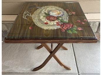 Wooden Hand Painted Folding Table With Glass Overlay Signed Shawn Bridges