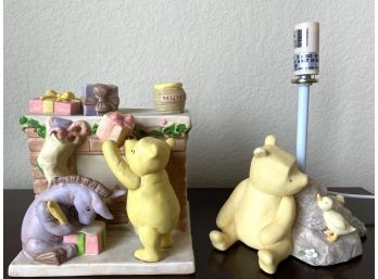 Two Winnie The Pooh Lamps Including Christmas Pooh And Eeyore With Presents On The Mantle