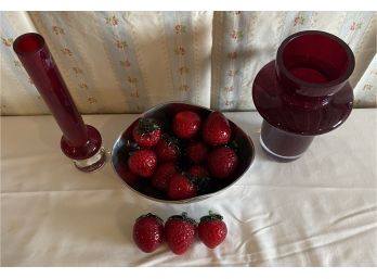 Stainless Steel Bowl With Collection Of Hand Blown Glass Strawberries And 2 Waterford Vases