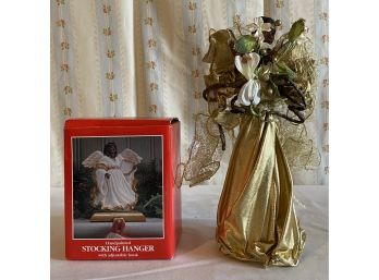 Hand Painted Angel Stocking Holder With Beautiful Golden Angel Figurine